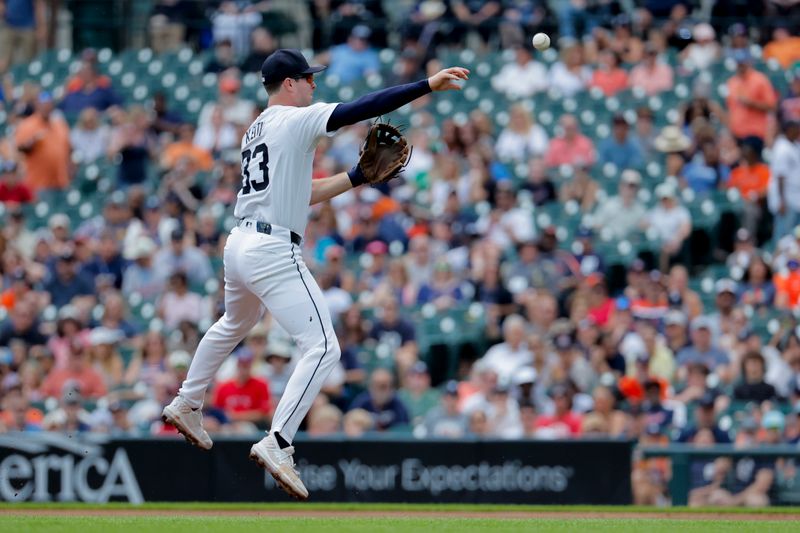 Jul 11, 2024; Detroit, Michigan, USA;  Detroit Tigers second base Colt Keith (33) makes a throw in the second inning against the Cleveland Guardians at Comerica Park. Mandatory Credit: Rick Osentoski-USA TODAY Sports