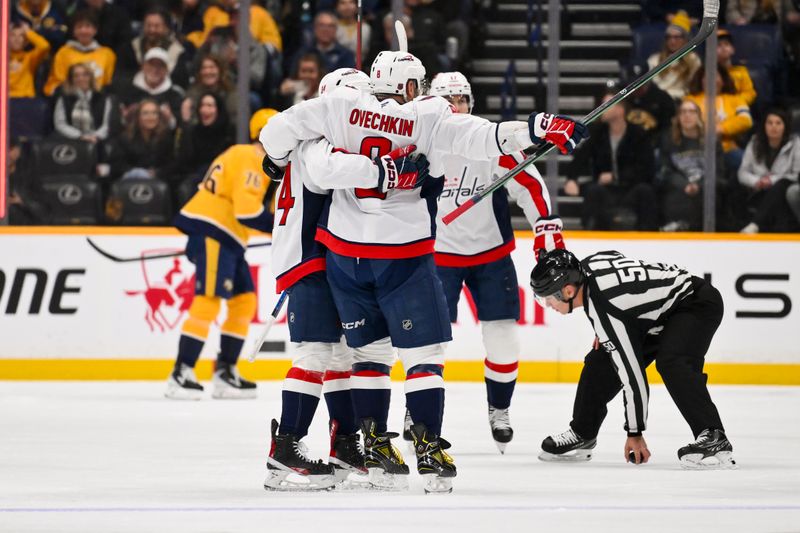 Jan 11, 2026; Nashville, Tennessee, USA;  Washington Capitals left wing Alex Ovechkin (8) celebrates with his teammates after scoring a goal against the Nashville Predators during the first period at Bridgestone Arena. Mandatory Credit: Steve Roberts-Imagn Images