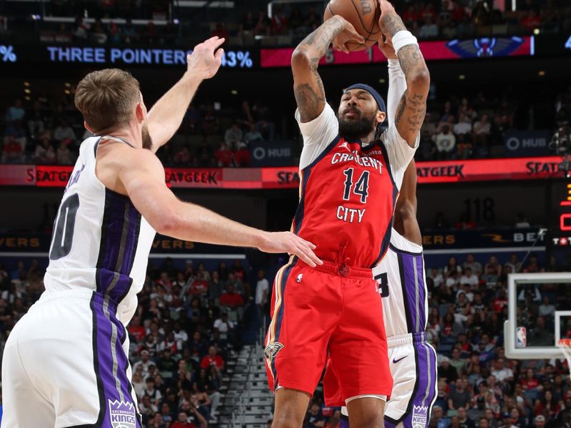 NEW ORLEANS, LA - APRIL 19: Brandon Ingram #14 of the New Orleans Pelicans shoots the ball during the game against the Sacramento Kings during the 2024 NBA Play-In Tournament on April 19, 2024 at the Smoothie King Center in New Orleans, Louisiana. NOTE TO USER: User expressly acknowledges and agrees that, by downloading and or using this Photograph, user is consenting to the terms and conditions of the Getty Images License Agreement. Mandatory Copyright Notice: Copyright 2024 NBAE (Photo by Layne Murdoch Jr./NBAE via Getty Images)