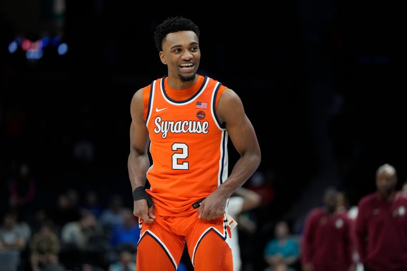 Mar 11, 2025; Charlotte, NC, USA; Syracuse Orange guard J.J. Starling (2) reacts late in the second half at Spectrum Center. Mandatory Credit: Bob Donnan-Imagn Images
