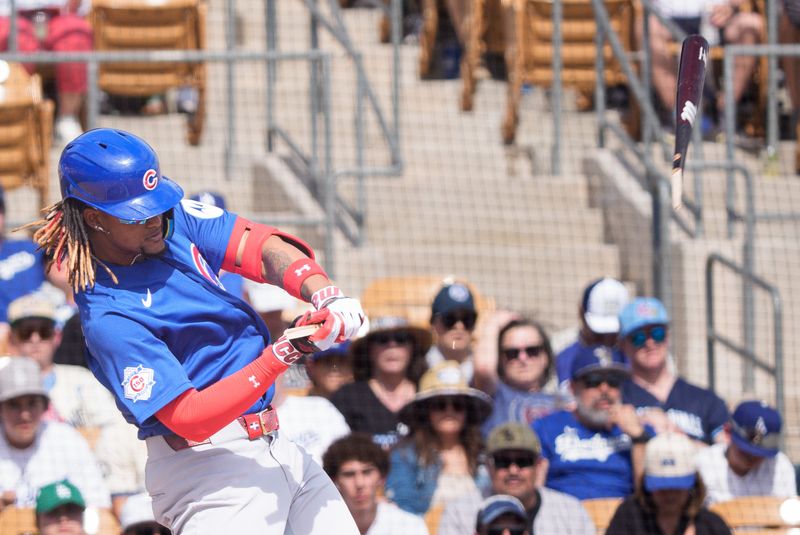 Feb 28, 2026; Phoenix, Arizona, USA; Chicago Cubs designated hitter Kevin Alcantara (13) reacts after his bat breaks in the first inning during a spring training game against the Los Angeles Dodgers at Camelback Ranch-Glendale. Mandatory Credit: Allan Henry-Imagn Images