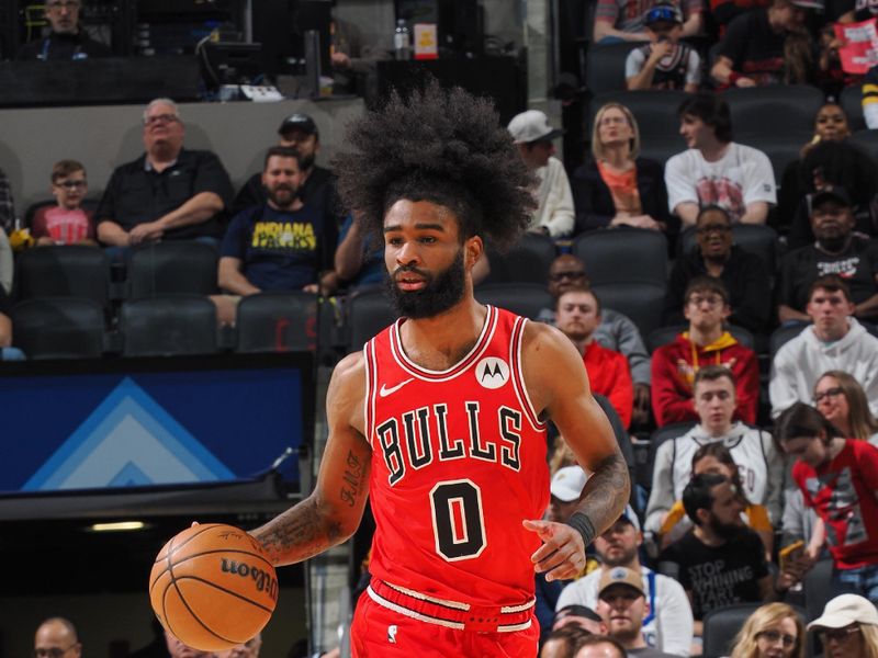 INDIANAPOLIS, IN - MARCH 13:  Coby White #0 of the Chicago Bulls handles the ball during the game  on March 13, 2024 at Gainbridge Fieldhouse in Indianapolis, Indiana. NOTE TO USER: User expressly acknowledges and agrees that, by downloading and or using this Photograph, user is consenting to the terms and conditions of the Getty Images License Agreement. Mandatory Copyright Notice: Copyright 2024 NBAE (Photo by Ron Hoskins/NBAE via Getty Images)