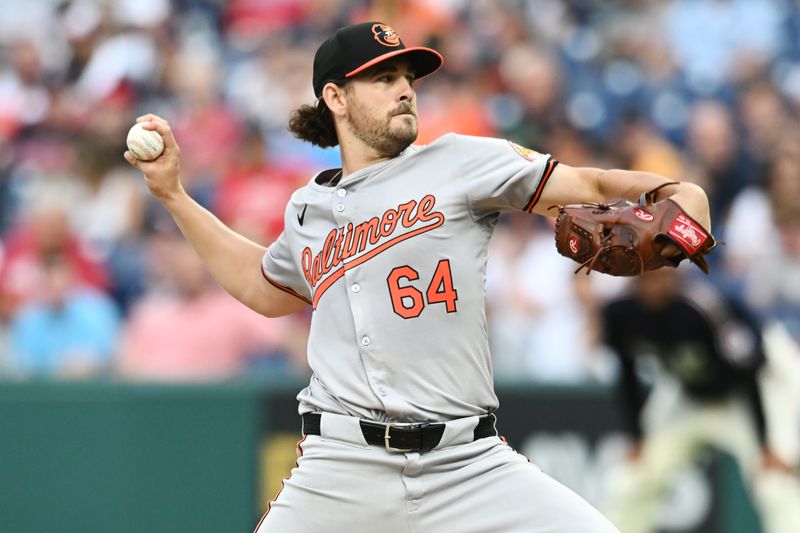 Aug 2, 2024; Cleveland, Ohio, USA; Baltimore Orioles starting pitcher Dean Kremer (64) throws a pitch during the first inning against the Cleveland Guardians at Progressive Field. Mandatory Credit: Ken Blaze-USA TODAY Sports