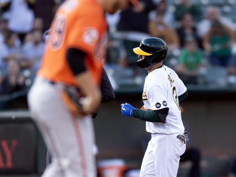 Aug 19, 2023; Oakland, California, USA; Baltimore Orioles starting pitcher Cole Irvin (19) waits while Oakland Athletics left fielder Aledmys D  az (12) runs out his solo home run during the second inning at Oakland-Alameda County Coliseum. Mandatory Credit: D. Ross Cameron-USA TODAY Sports