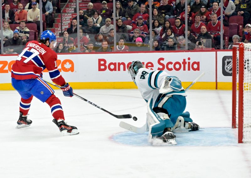 Jan 11, 2024; Montreal, Quebec, CAN; San Jose Sharks goalie Mackenzie Blackwood (29) stops Montreal Canadiens forward Josh Anderson (17) during the first period at the Bell Centre. Mandatory Credit: Eric Bolte-USA TODAY Sports