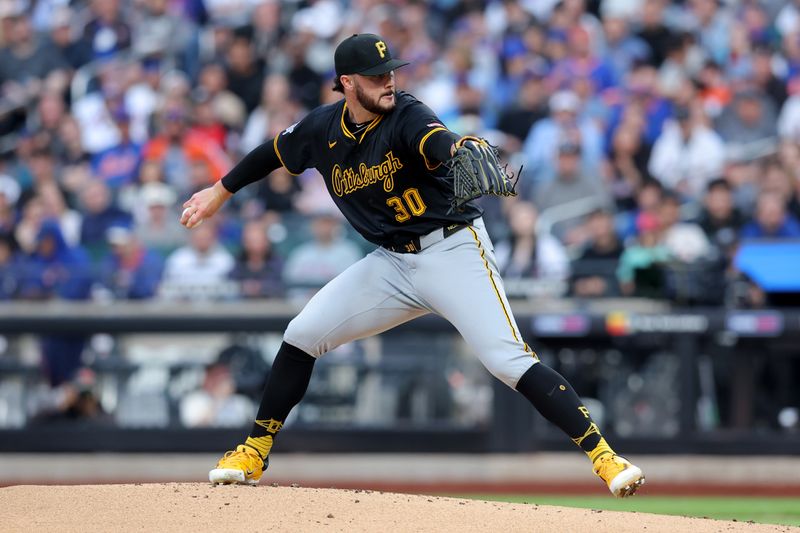 May 12, 2025; New York City, New York, USA; Pittsburgh Pirates starting pitcher Paul Skenes (30) pitches against the New York Mets during the first inning at Citi Field. Mandatory Credit: Brad Penner-Imagn Images