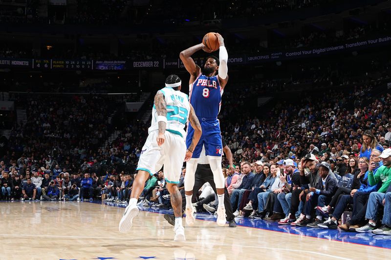 PHILADELPHIA, PA - NOVEMBER 10: Paul George #8 of the Philadelphia 76ers shoots the ball during the game against the Charlotte Hornets on November 10, 2024 at the Wells Fargo Center in Philadelphia, Pennsylvania NOTE TO USER: User expressly acknowledges and agrees that, by downloading and/or using this Photograph, user is consenting to the terms and conditions of the Getty Images License Agreement. Mandatory Copyright Notice: Copyright 2024 NBAE (Photo by Jesse D. Garrabrant/NBAE via Getty Images)