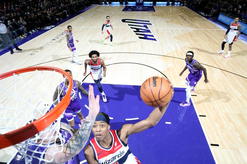 SALT LAKE CITY, UT - MARCH 4:  Bilal Coulibaly #0 of the Washington Wizards drives to the basket during the game against the Utah Jazz on March 4, 2024 at vivint.SmartHome Arena in Salt Lake City, Utah. NOTE TO USER: User expressly acknowledges and agrees that, by downloading and or using this Photograph, User is consenting to the terms and conditions of the Getty Images License Agreement. Mandatory Copyright Notice: Copyright 2024 NBAE (Photo by Melissa Majchrzak/NBAE via Getty Images)