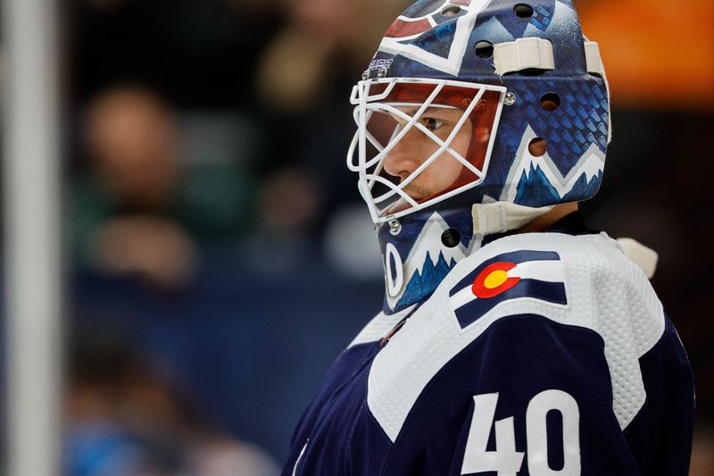 Mar 8, 2024; Denver, Colorado, USA; Colorado Avalanche goaltender Alexandar Georgiev (40) in the third period against the Minnesota Wild at Ball Arena. Mandatory Credit: Isaiah J. Downing-USA TODAY Sports