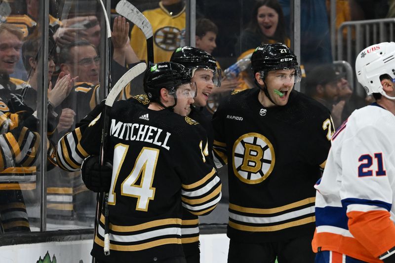 Nov 9, 2023; Boston, Massachusetts, USA; Boston Bruins center Charlie Coyle (13) celebrates with defenseman Ian Mitchell (14) and left wing James van Riemsdyk (21) after scoring a goal against the New York Islanders during the third period at the TD Garden. Mandatory Credit: Brian Fluharty-USA TODAY Sports