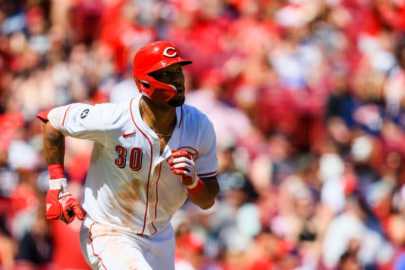 May 18, 2025; Cincinnati, Ohio, USA; Cincinnati Reds outfielder Will Benson (30) runs the bases after hitting a solo home run in the sixth inning against the Cleveland Guardians at Great American Ball Park. Mandatory Credit: Katie Stratman-Imagn Images