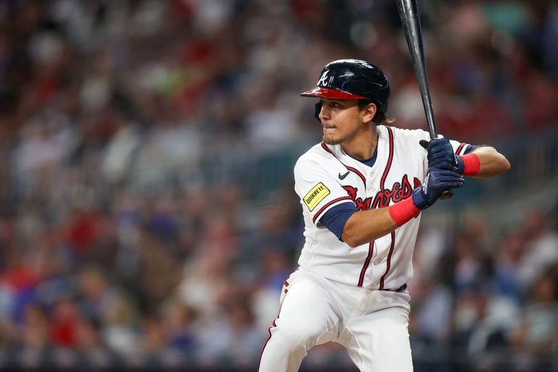 Aug 16, 2023; Atlanta, Georgia, USA; Atlanta Braves second baseman Nicky Lopez (15) bats against the New York Yankees in the eighth inning at Truist Park. Mandatory Credit: Brett Davis-USA TODAY Sports
