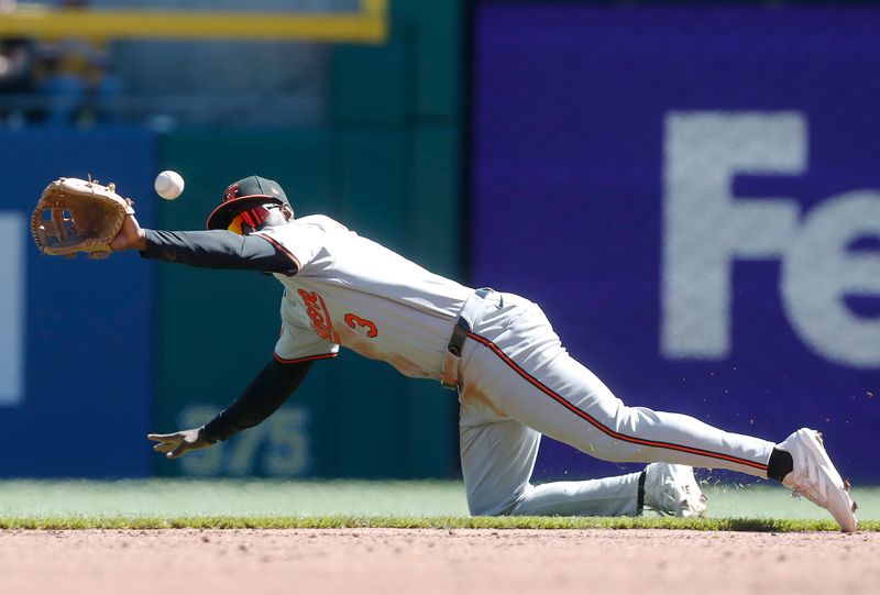 Apr 7, 2024; Pittsburgh, Pennsylvania, USA; Baltimore Orioles second baseman Jorge Mateo (3) makes a play on a ball hit by Pittsburgh Pirates third base Ke'Bryan Hayes (not pictured) for an out during the sixth inning at PNC Park. Mandatory Credit: Charles LeClaire-USA TODAY Sports