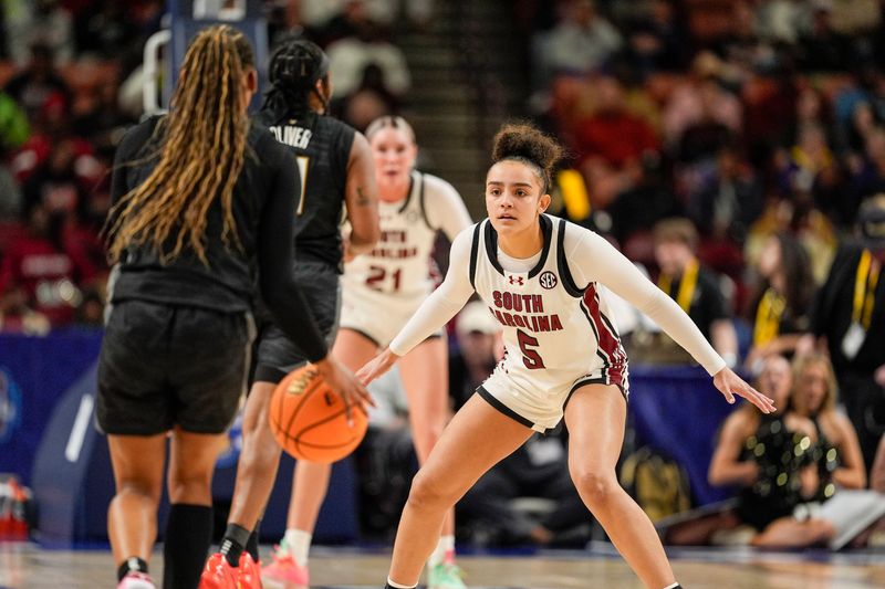 Mar 7, 2025; Greenville, SC, USA; South Carolina Gamecocks guard Tessa Johnson (5) on defense against the Vanderbilt Commodoresduring the second half at Bon Secours Wellness Arena. Mandatory Credit: Jim Dedmon-Imagn Images