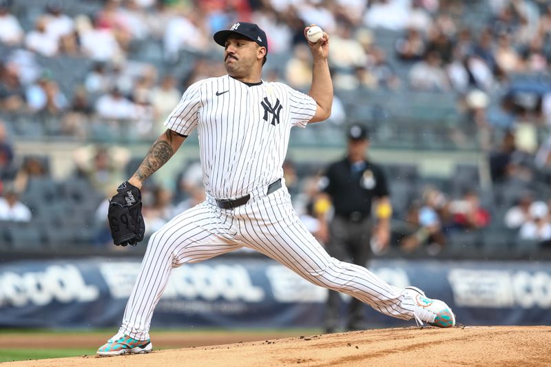 Sep 1, 2024; Bronx, New York, USA;  New York Yankees starting pitcher Nestor Cortes (65) pitches in the first inning against the St. Louis Cardinals at Yankee Stadium. Mandatory Credit: Wendell Cruz-USA TODAY Sports