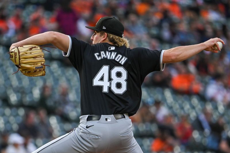Sep 4, 2024; Baltimore, Maryland, USA;  Chicago White Sox pitcher Jonathan Cannon (48) throws a first inning pitch against the Baltimore Orioles at Oriole Park at Camden Yards. Mandatory Credit: Tommy Gilligan -Imagn Images