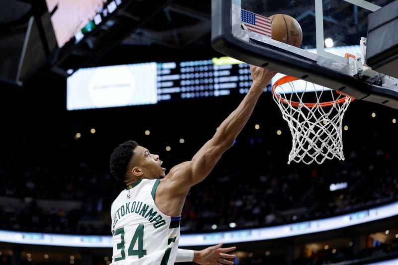 SALT LAKE CITY, UT - MARCH 24: Giannis Antetokounmpo #34 of the Milwaukee Bucks goes to the basket against the Utah Jazz on March 24, 2023 at vivint.SmartHome Arena in Salt Lake City, Utah. NOTE TO USER: User expressly acknowledges and agrees that, by downloading and or using this Photograph, User is consenting to the terms and conditions of the Getty Images License Agreement. Mandatory Copyright Notice: Copyright 2023 NBAE (Photo by Jeff Swinger/NBAE via Getty Images)