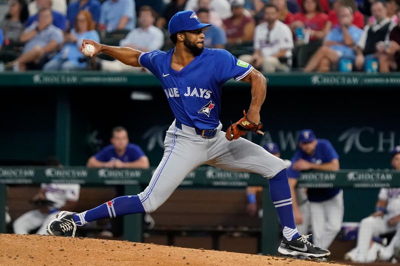 Sep 19, 2024; Arlington, Texas, USA; Toronto Blue Jays Dillon Tate (33) throws to the plate during the sixth inning against the Texas Rangers at Globe Life Field. Mandatory Credit: Raymond Carlin III-Imagn Images