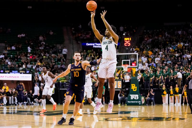 Feb 13, 2023; Waco, Texas, USA; Baylor Bears guard LJ Cryer (4) shoots the 3-point shot over West Virginia Mountaineers guard Erik Stevenson (10) during the second half at Ferrell Center. Mandatory Credit: Raymond Carlin III-USA TODAY Sports