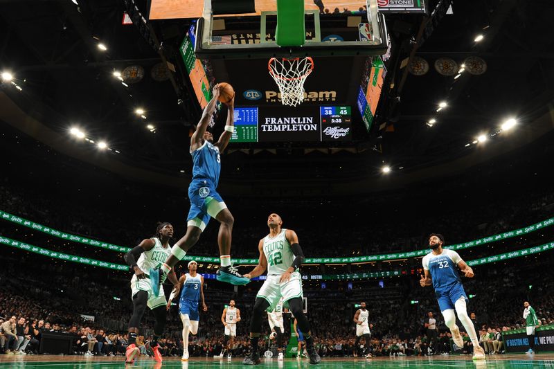 BOSTON, MA - JANUARY 10: Anthony Edwards #5 of the Minnesota Timberwolves goes to the basket during the game on January 10, 2024 at the TD Garden in Boston, Massachusetts. NOTE TO USER: User expressly acknowledges and agrees that, by downloading and or using this photograph, User is consenting to the terms and conditions of the Getty Images License Agreement. Mandatory Copyright Notice: Copyright 2024 NBAE  (Photo by Brian Babineau/NBAE via Getty Images)