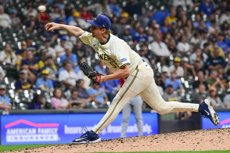 Sep 17, 2025; Milwaukee, Wisconsin, USA; Milwaukee Brewers pitcher Erick Fedde (59) throws against the Los Angeles Angels in the eighth inning at American Family Field. Mandatory Credit: Benny Sieu-Imagn Images