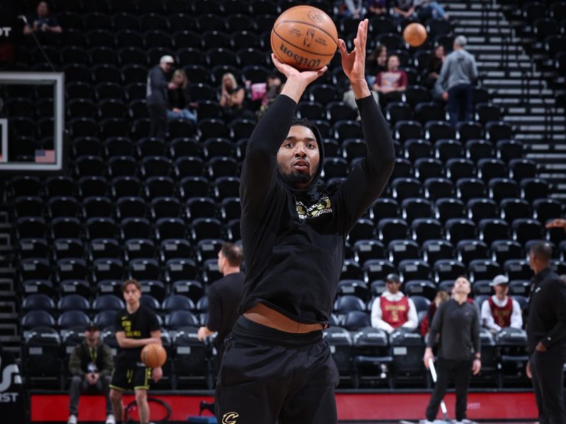 SALT LAKE CITY, UT - APRIL 2: Donovan Mitchell #45 of the Cleveland Cavaliers warms up before the game against the Utah Jazz on April 2, 2024 at Delta Center in Salt Lake City, Utah. NOTE TO USER: User expressly acknowledges and agrees that, by downloading and or using this Photograph, User is consenting to the terms and conditions of the Getty Images License Agreement. Mandatory Copyright Notice: Copyright 2024 NBAE (Photo by Melissa Majchrzak/NBAE via Getty Images)