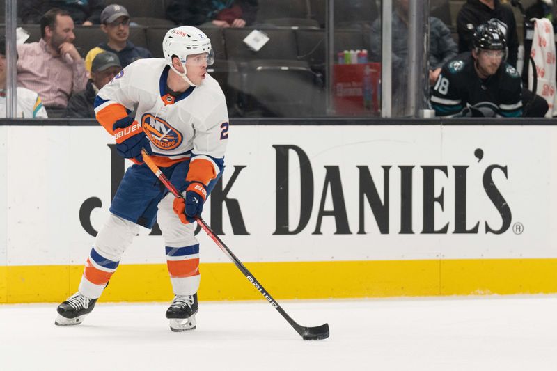 Mar 7, 2024; San Jose, California, USA; New York Islanders defenseman Mike Reilly (2) controls the puck during the second period against the San Jose Sharks at SAP Center at San Jose. Mandatory Credit: Stan Szeto-USA TODAY Sports