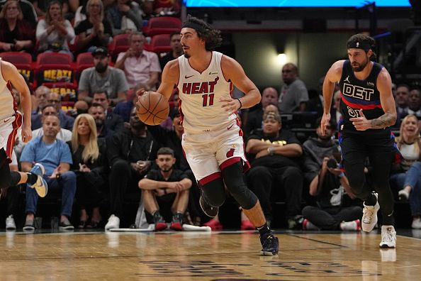 MIAMI, FL - OCTOBER 25: Jaime Jaquez Jr. #11 of the Miami Heat dribbles the ball during the game against the Detroit Pistons on October 25, 2023 at Kaseya Center in Miami, Florida. NOTE TO USER: User expressly acknowledges and agrees that, by downloading and or using this Photograph, user is consenting to the terms and conditions of the Getty Images License Agreement. Mandatory Copyright Notice: Copyright 2023 NBAE (Photo by Eric Espada/NBAE via Getty Images)