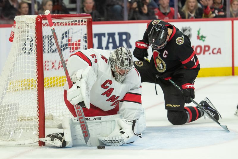 Dec 12, 2023; Ottawa, Ontario, CAN; Ottawa Senators left wing Brady Tkachuk (7) reacts to a save by Carolina Hurricanes goalie Pyotr Kochetkov (52) in the first period at the Canadian Tire Centre. Mandatory Credit: Marc DesRosiers-USA TODAY Sports