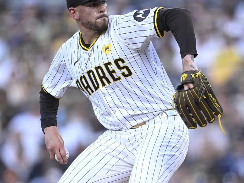 Aug 12, 2024; San Diego, California, USA; San Diego Padres starting pitcher Joe Musgrove (44) pitches against the Pittsburgh Pirates during the first inning at Petco Park. Mandatory Credit: Orlando Ramirez-USA TODAY Sports 