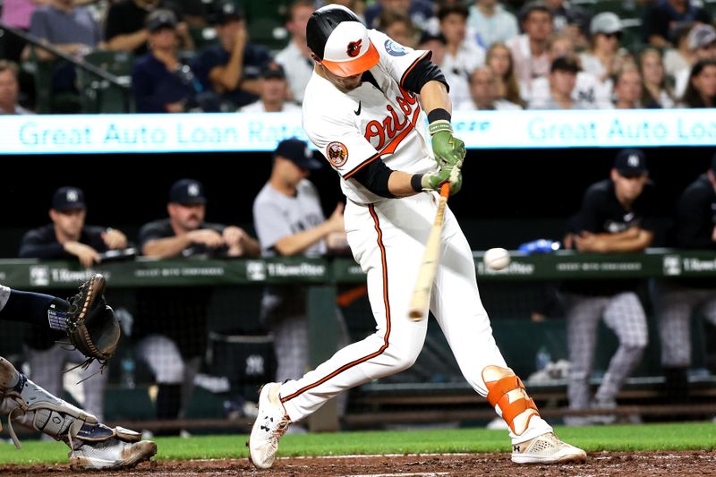 Sep 18, 2025; Baltimore, Maryland, USA; Baltimore Orioles first baseman Ryan Mountcastle (6) hits a single during the sixth inning against the New York Yankees at Oriole Park at Camden Yards. Mandatory Credit: Daniel Kucin Jr.-Imagn Images