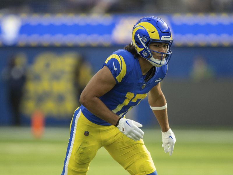 Los Angeles Rams wide receiver Puka Nacua (17) runs during an NFL football game against the Arizona Cardinals, Sunday, Oct. 15, 2023, in Inglewood, Calif. (AP Photo/Kyusung Gong)