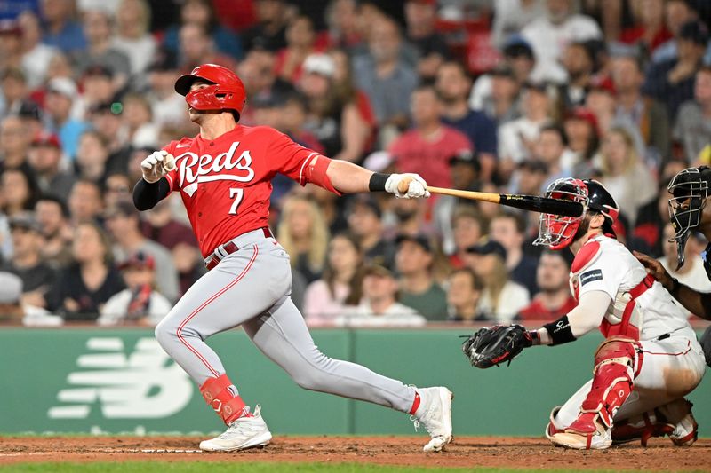 May 31, 2023; Boston, Massachusetts, USA; Cincinnati Reds third baseman Spencer Steer (7) hits a two-run home run against the Boston Red Sox during the seventh inning at Fenway Park. Mandatory Credit: Brian Fluharty-USA TODAY Sports