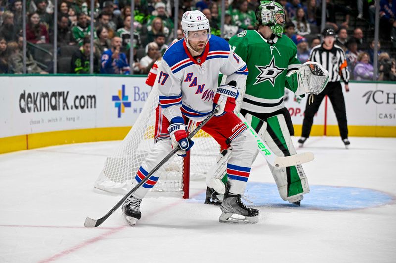 Nov 20, 2023; Dallas, Texas, USA; New York Rangers right wing Blake Wheeler (17) skates in front of Dallas Stars goaltender Scott Wedgewood (41) during the first period at the American Airlines Center. Mandatory Credit: Jerome Miron-USA TODAY Sports