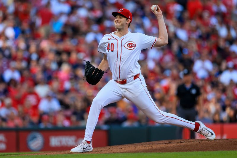 Jun 12, 2024; Cincinnati, Ohio, USA; Cincinnati Reds starting pitcher Nick Lodolo (40) pitches against the Cleveland Guardians in the first inning at Great American Ball Park. Mandatory Credit: Katie Stratman-USA TODAY Sports