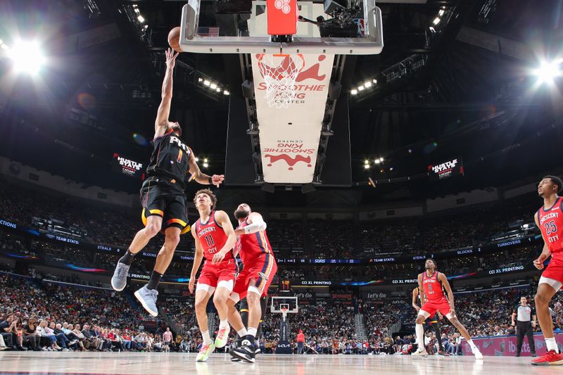 NEW ORLEANS, LA - APRIL 1: Devin Booker #1 of the Phoenix Suns drives to the basket during the game against the New Orleans Pelicans on April 1, 2024 at the Smoothie King Center in New Orleans, Louisiana. NOTE TO USER: User expressly acknowledges and agrees that, by downloading and or using this Photograph, user is consenting to the terms and conditions of the Getty Images License Agreement. Mandatory Copyright Notice: Copyright 2024 NBAE (Photo by Layne Murdoch Jr./NBAE via Getty Images)