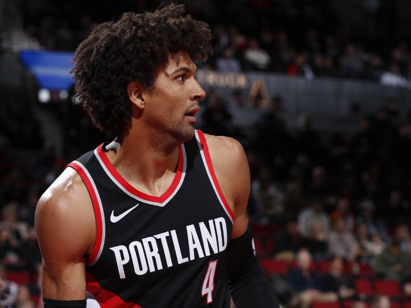 PORTLAND, OR - FEBRUARY 25:  Matisse Thybulle #4 of the Portland Trail Blazers looks on during the game on February 25, 2024 at the Moda Center Arena in Portland, Oregon. NOTE TO USER: User expressly acknowledges and agrees that, by downloading and or using this photograph, user is consenting to the terms and conditions of the Getty Images License Agreement. Mandatory Copyright Notice: Copyright 2024 NBAE (Photo by Cameron Browne/NBAE via Getty Images)