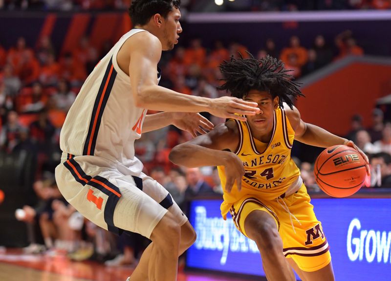 Feb 20, 2023; Champaign, Illinois, USA;  Minnesota Golden Gophers guard Jaden Henley (24) moves the ball against Illinois Fighting Illini guard RJ Melendez (15) during the second half at State Farm Center. Mandatory Credit: Ron Johnson-USA TODAY Sports