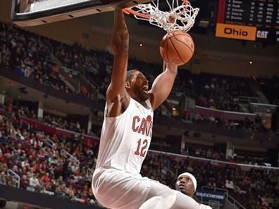 CLEVELAND, OH - NOVEMBER 26: Tristian Thompson #12 of the Cleveland Cavaliers dunks the ball during the game against the Toronto Raptors on November 26, 2023 at Rocket Mortgage FieldHouse in Cleveland, Ohio. NOTE TO USER: User expressly acknowledges and agrees that, by downloading and/or using this Photograph, user is consenting to the terms and conditions of the Getty Images License Agreement. Mandatory Copyright Notice: Copyright 2023 NBAE (Photo by David Liam Kyle/NBAE via Getty Images)