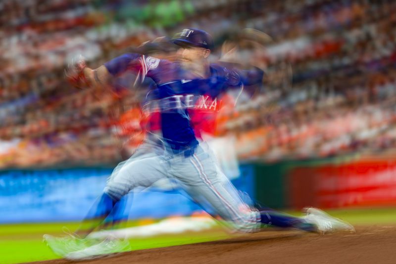 Jul 12, 2024; Houston, Texas, USA;  Texas Rangers starting pitcher Andrew Heaney (44) pitches against the Houston Astros in the second inning at Minute Maid Park. Mandatory Credit: Thomas Shea-USA TODAY Sports