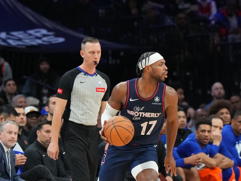 PHILADELPHIA, PA - FEBRUARY 22: Buddy Hield #17 of the Philadelphia 76ers dribbles the ball during the game against the New York Knicks on February 22, 2024 at the Wells Fargo Center in Philadelphia, Pennsylvania NOTE TO USER: User expressly acknowledges and agrees that, by downloading and/or using this Photograph, user is consenting to the terms and conditions of the Getty Images License Agreement. Mandatory Copyright Notice: Copyright 2024 NBAE (Photo by Jesse D. Garrabrant/NBAE via Getty Images)