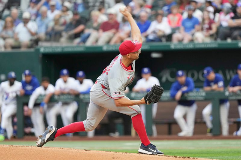 Sep 7, 2024; Arlington, Texas, USA; Los Angeles Angels starting pitcher Tyler Anderson (31) pitches to the Texas Rangers during the first inning at Globe Life Field. Mandatory Credit: Jim Cowsert-Imagn Images