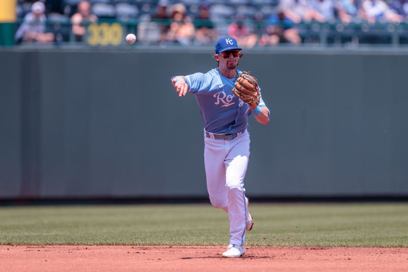 Jun 4, 2023; Kansas City, Missouri, USA; Kansas City Royals shortstop Bobby Witt Jr. (7) throws to first base during the first inning against the Colorado Rockies at Kauffman Stadium. Mandatory Credit: William Purnell-USA TODAY Sports