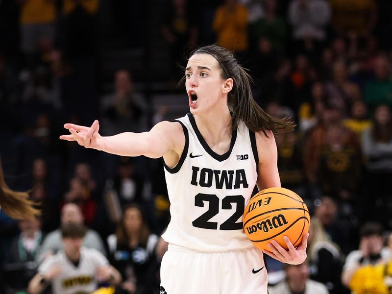 Mar 4, 2023; Minneapolis, MINN, USA; Iowa Hawkeyes guard Caitlin Clark (22) reacts to a foul call during the second half against the Maryland Terrapins at Target Center. Mandatory Credit: Matt Krohn-USA TODAY Sports