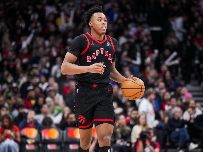 TORONTO, ON - FEBRUARY 9: Scottie Barnes #4 of the Toronto Raptors dribbles against the Houston Rockets during the first half of their basketball game at the Scotiabank Arena on February 9, 2024 in Toronto, Ontario, Canada. NOTE TO USER: User expressly acknowledges and agrees that, by downloading and/or using this Photograph, user is consenting to the terms and conditions of the Getty Images License Agreement. (Photo by Mark Blinch/Getty Images)