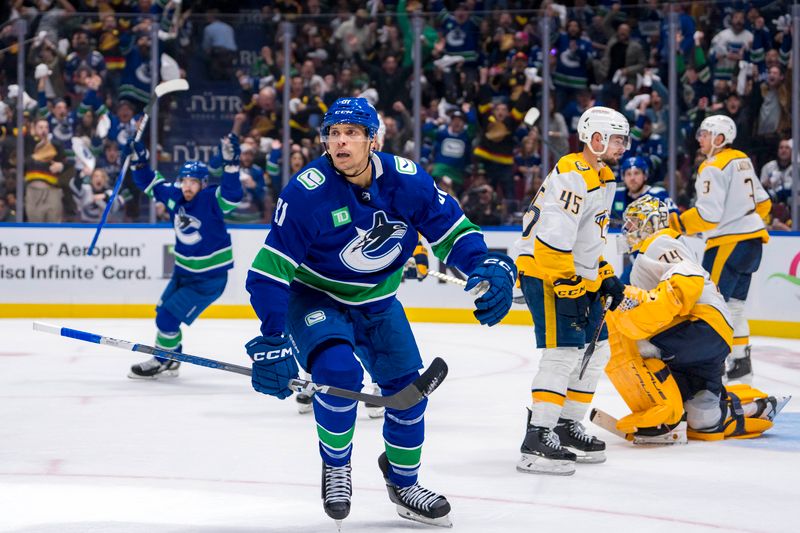 Apr 21, 2024; Vancouver, British Columbia, CAN; Vancouver Canucks forward Dakota Joshua (81) celebrates scoring the game winning goal against the Nashville Predators in the third period in game one of the first round of the 2024 Stanley Cup Playoffs at Rogers Arena. Mandatory Credit: Bob Frid-USA TODAY Sports