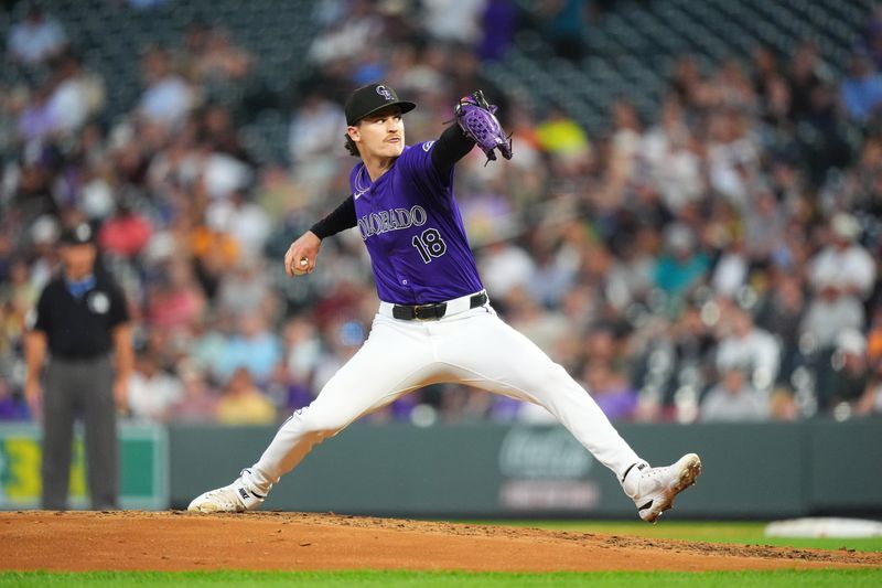 Aug 26, 2024; Denver, Colorado, USA; Colorado Rockies starting pitcher Ryan Feltner (18) delivers a pitch in the first inning against the Miami Marlins at Coors Field. Mandatory Credit: Ron Chenoy-USA TODAY Sports