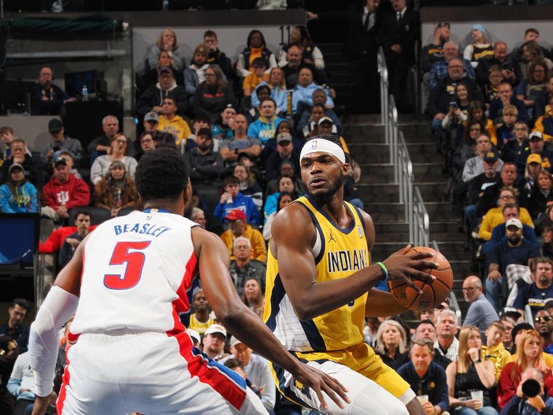 INDIANAPOLIS, IN - NOVEMBER 29: Jarace Walker #5 of the Indiana Pacers handles the ball during the game against the Detroit Pistons  during the Emirates NBA Cup game on November 29, 2024 at Gainbridge Fieldhouse in Indianapolis, Indiana. NOTE TO USER: User expressly acknowledges and agrees that, by downloading and or using this Photograph, user is consenting to the terms and conditions of the Getty Images License Agreement. Mandatory Copyright Notice: Copyright 2024 NBAE (Photo by Ron Hoskins/NBAE via Getty Images)