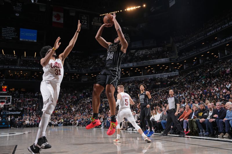 BROOKLYN, NY - FEBRUARY 8: Cam Thomas #24 of the Brooklyn Nets shoots the ball during the game against the Cleveland Cavaliers on February 8, 2024 at Barclays Center in Brooklyn, New York. NOTE TO USER: User expressly acknowledges and agrees that, by downloading and or using this Photograph, user is consenting to the terms and conditions of the Getty Images License Agreement. Mandatory Copyright Notice: Copyright 2024 NBAE (Photo by Jesse D. Garrabrant/NBAE via Getty Images)