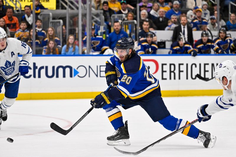 Feb 19, 2024; St. Louis, Missouri, USA;  St. Louis Blues left wing Brandon Saad (20) shoots and scores against the Toronto Maple Leafs during the second period at Enterprise Center. Mandatory Credit: Jeff Curry-USA TODAY Sports